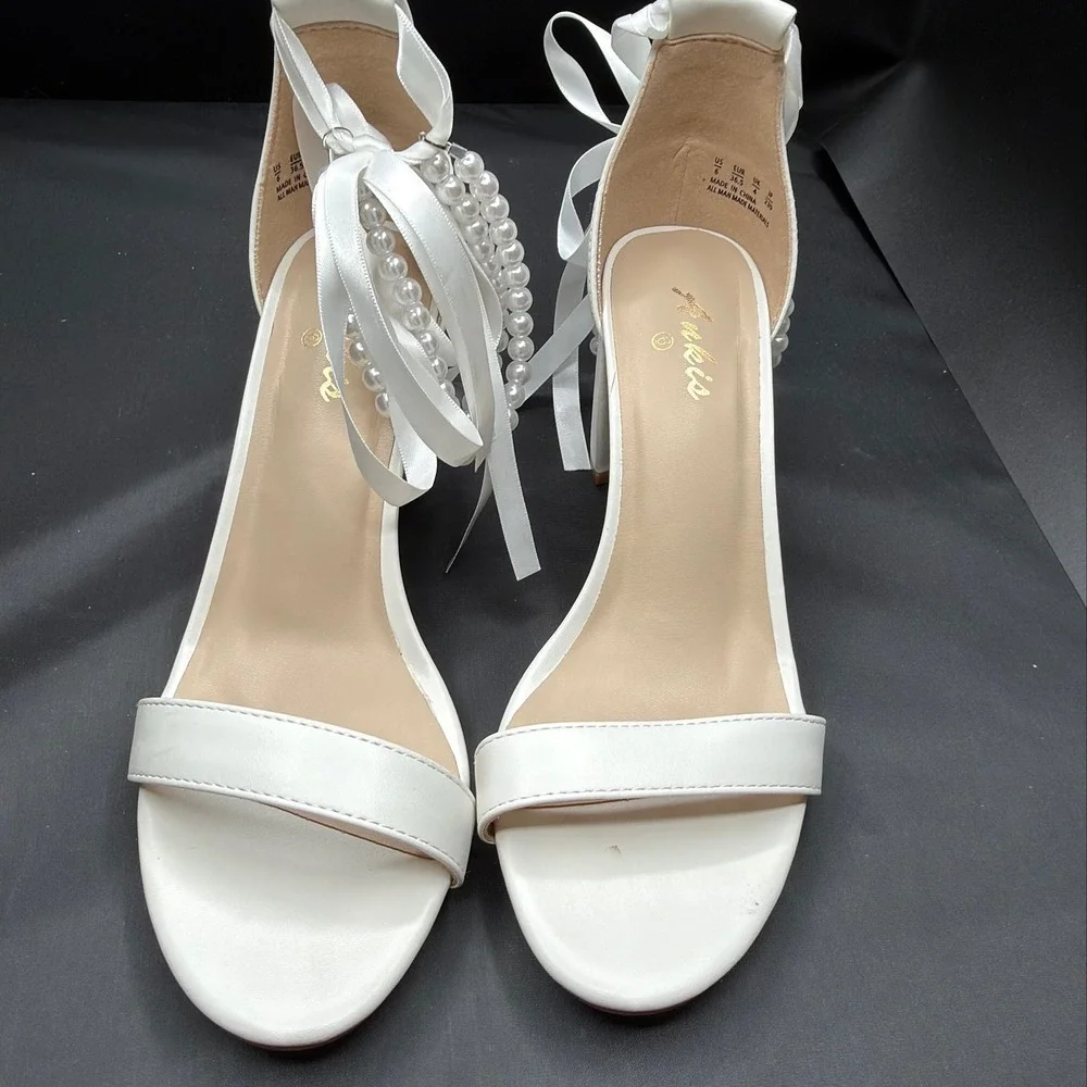 Aris White Pearl Ribbon Tie Block Heel Sandals Faux Leather Wedding Shoes 6